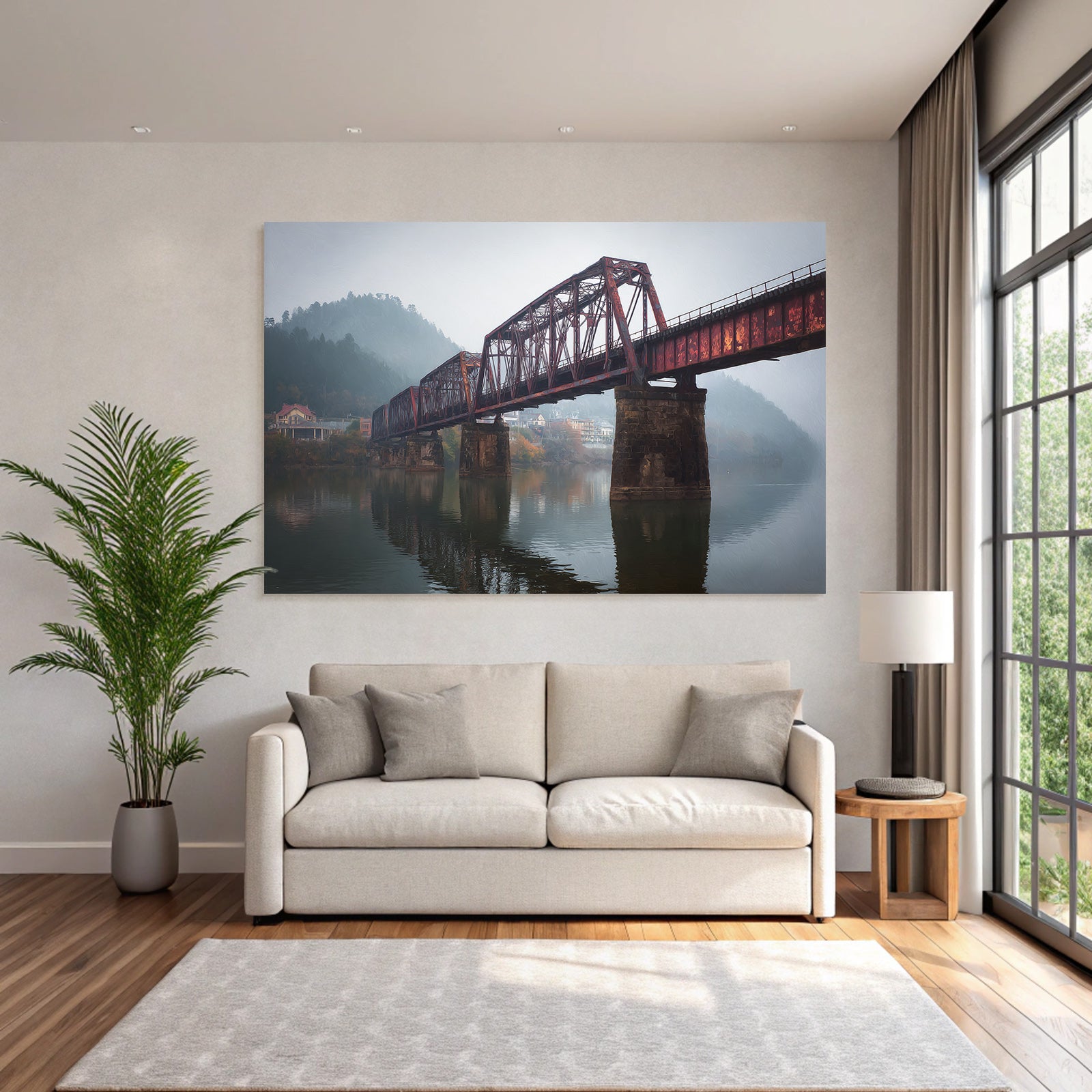 Rote Eisenbahnbrücke Im Morgennebel Mit Hügeln Und Spiegelung