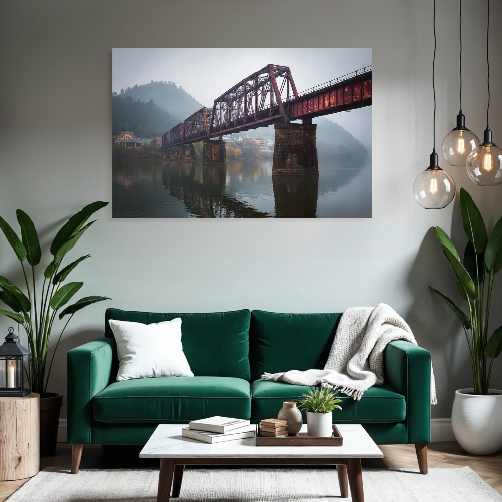 Rote Eisenbahnbrücke Im Morgennebel Mit Hügeln Und Spiegelung