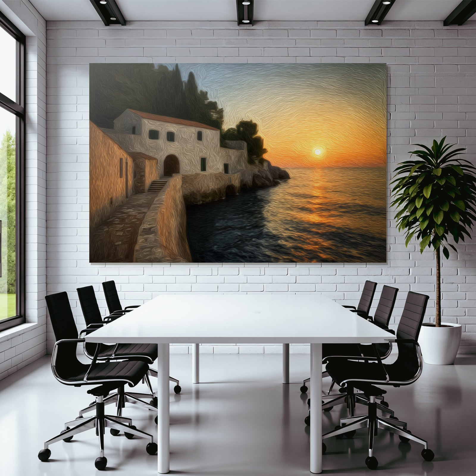 Sonnenuntergang An Der Küste Mit Treppe Zum Wasser Und Holzhaus Impressionistisch