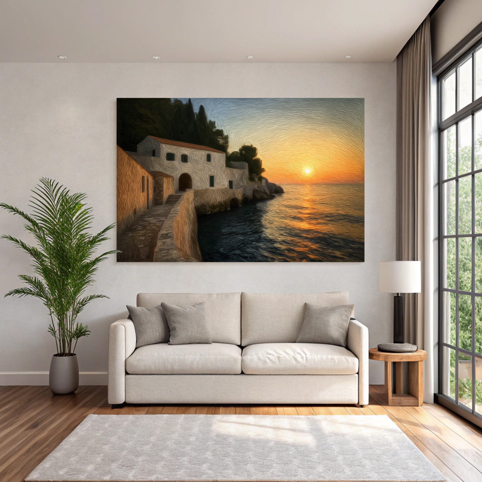Sonnenuntergang An Der Küste Mit Treppe Zum Wasser Und Holzhaus Impressionistisch
