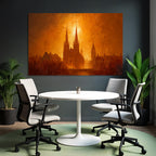 Sonnenuntergang Über Städtische Architektur Mit Kirchtürmen Und Goldener Beleuchtung