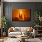 Sonnenuntergang Über Städtische Architektur Mit Kirchtürmen Und Goldener Beleuchtung
