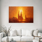 Sonnenuntergang Über Städtische Architektur Mit Kirchtürmen Und Goldener Beleuchtung