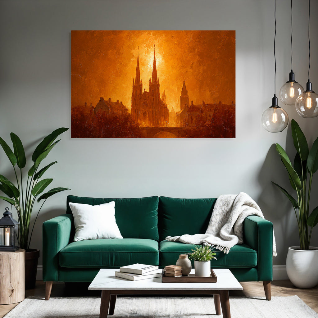 Sonnenuntergang Über Städtische Architektur Mit Kirchtürmen Und Goldener Beleuchtung