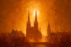 Sonnenuntergang Über Städtische Architektur Mit Kirchtürmen Und Goldener Beleuchtung | Nebel und Wetter | Natur