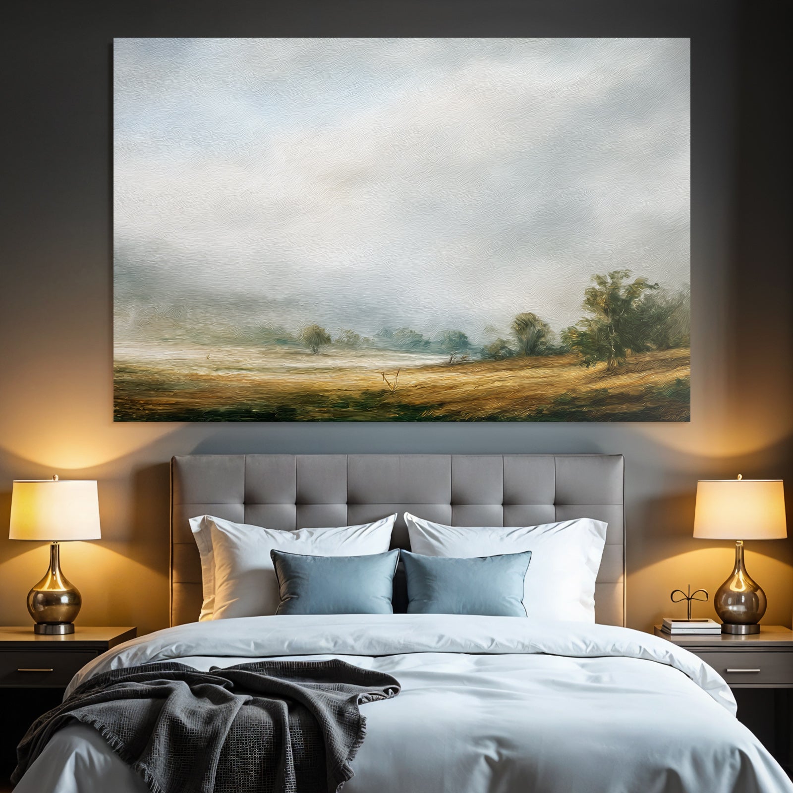 Träumerische Landschaft Mit Feldern Und Bäumen Unter Wolkenhimmel
