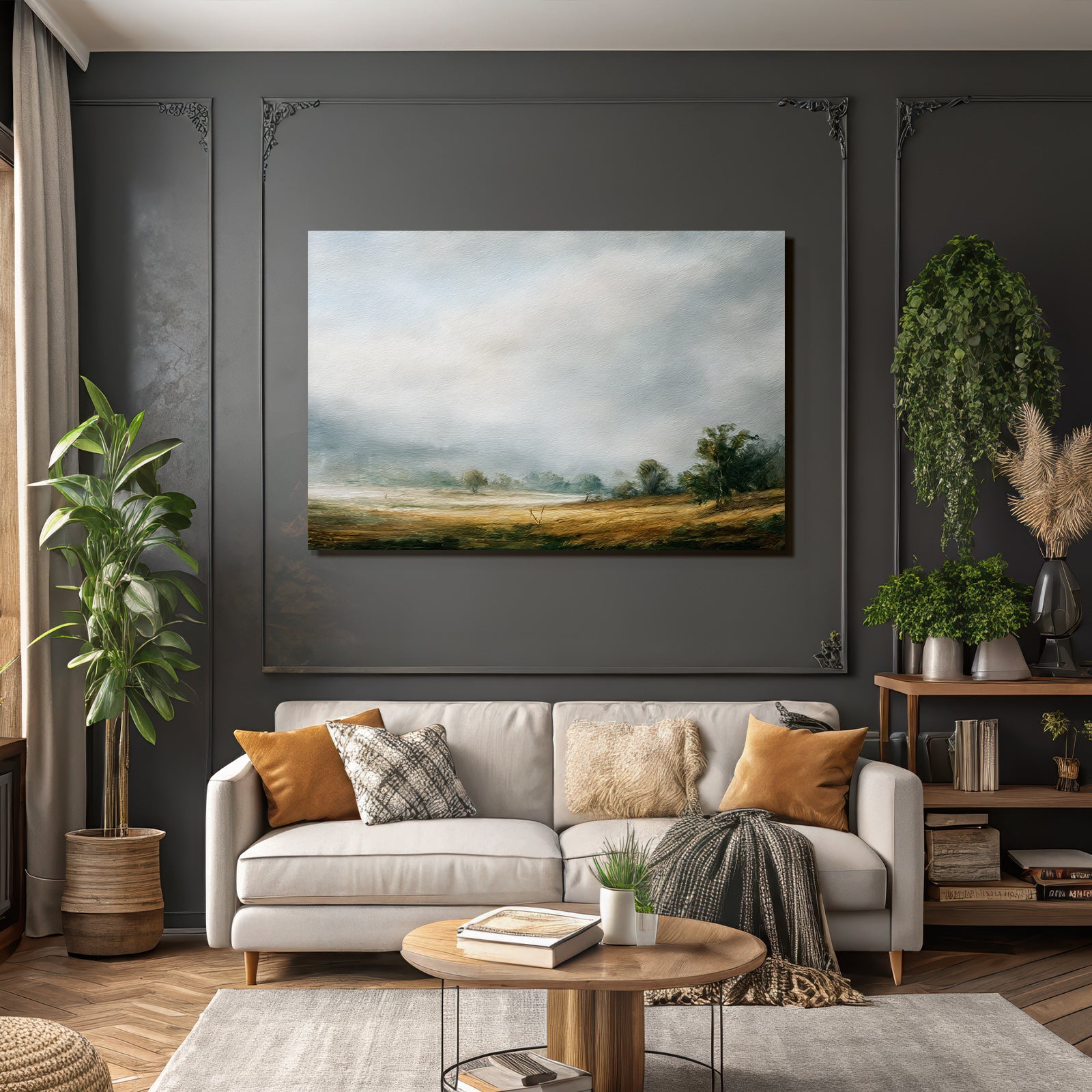Träumerische Landschaft Mit Feldern Und Bäumen Unter Wolkenhimmel
