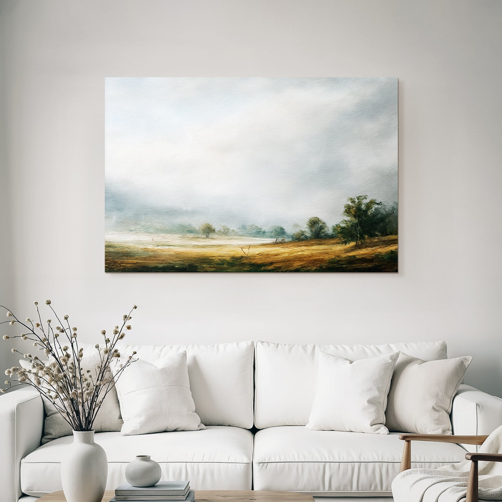 Träumerische Landschaft Mit Feldern Und Bäumen Unter Wolkenhimmel