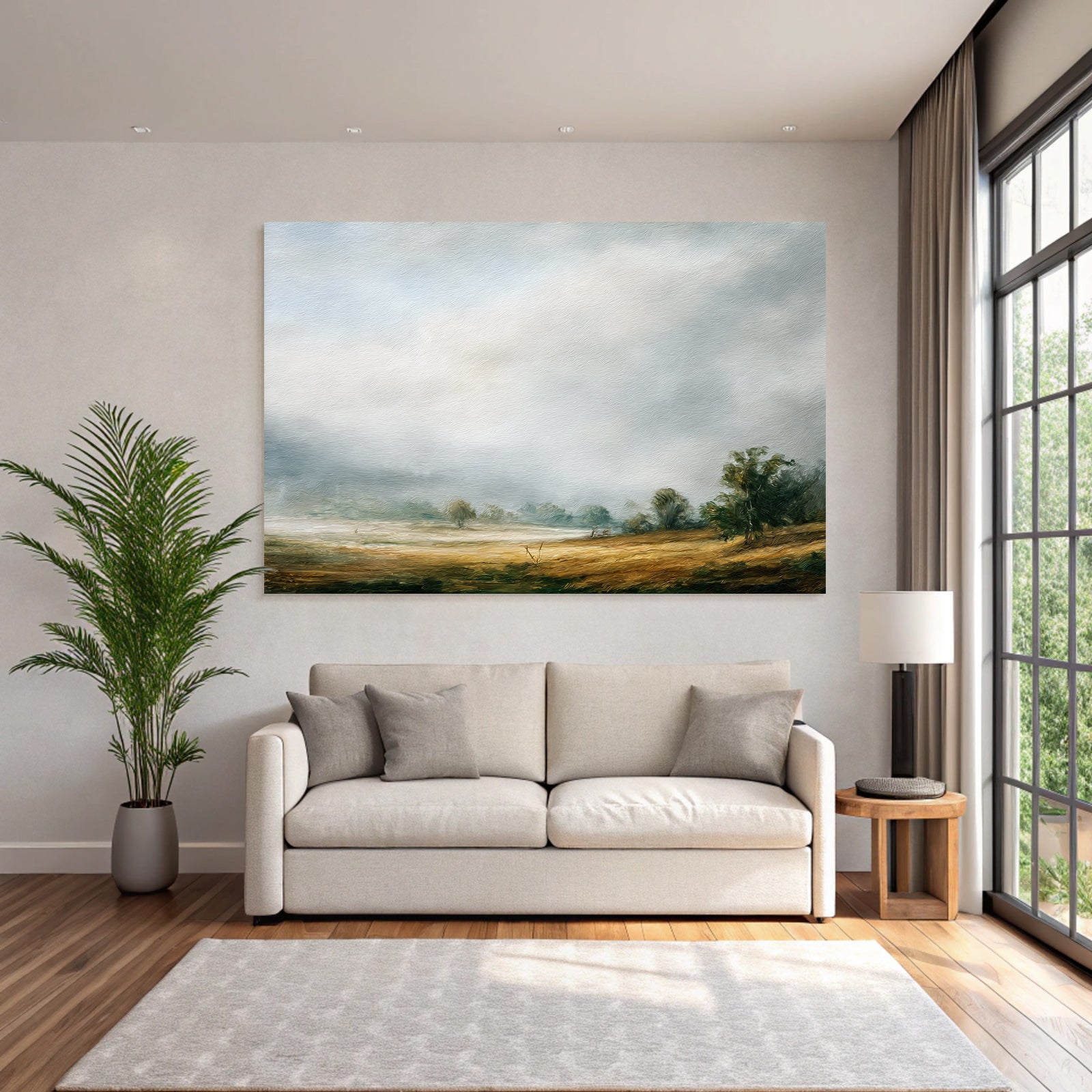 Träumerische Landschaft Mit Feldern Und Bäumen Unter Wolkenhimmel