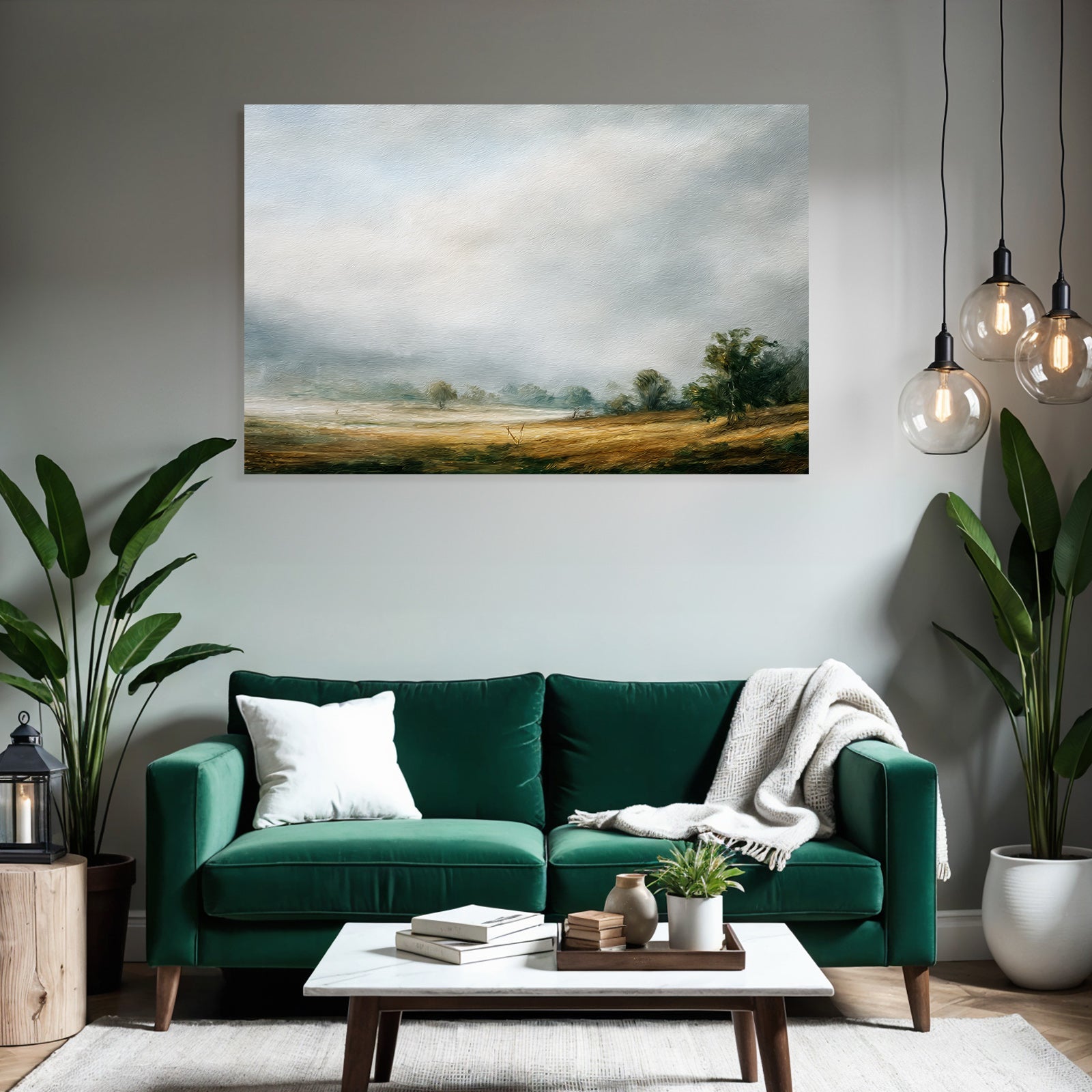 Träumerische Landschaft Mit Feldern Und Bäumen Unter Wolkenhimmel
