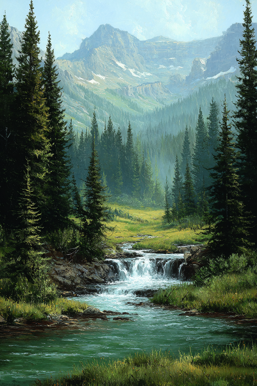Berglandschaft Mit Tannenwald Wasserfall Und Bach | Wasserfaelle und Tropfen | Natur