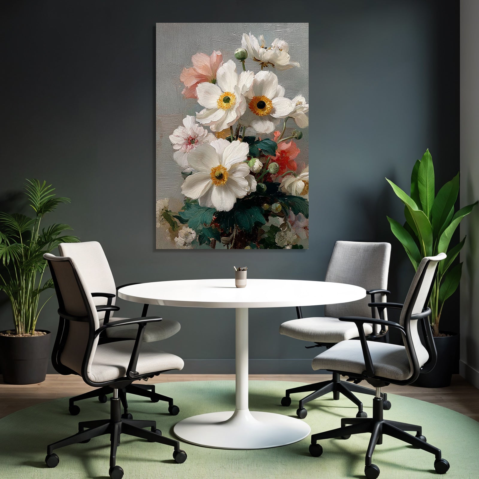 Blumenanordnung Weisser Blüten Mit Gelben Zentren Pinken Blumen Und Grünen Knospen