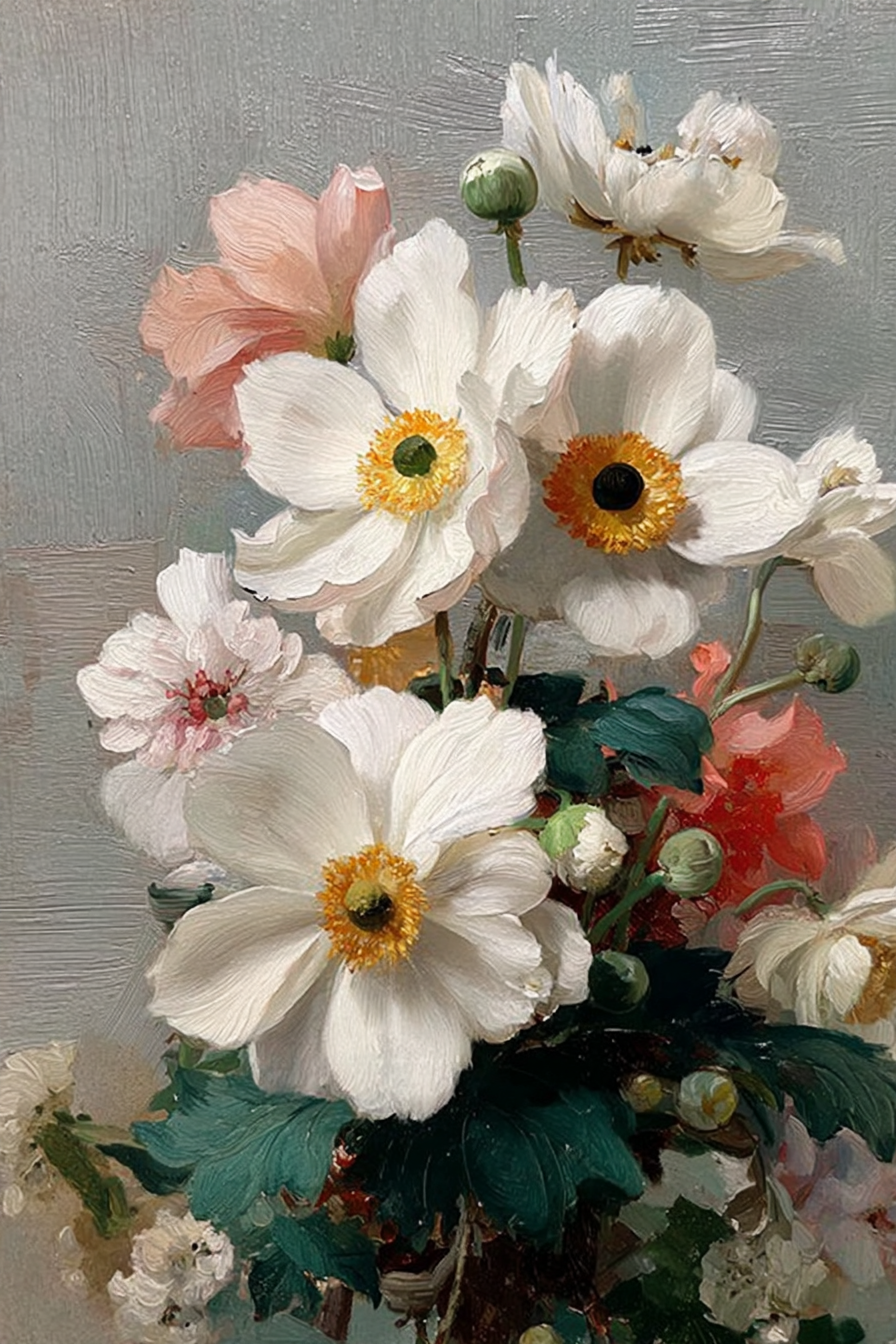 Blumenanordnung Weisser Blüten Mit Gelben Zentren Pinken Blumen Und Grünen Knospen | Wasserfaelle und Tropfen | Natur