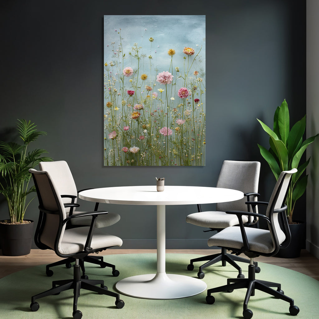 Blumenarrangement Mit Vielfältigen Blüten Und Grünen Blättern Auf Blaüm Hintergrund