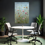 Blumenarrangement Mit Vielfältigen Blüten Und Grünen Blättern Auf Blaüm Hintergrund