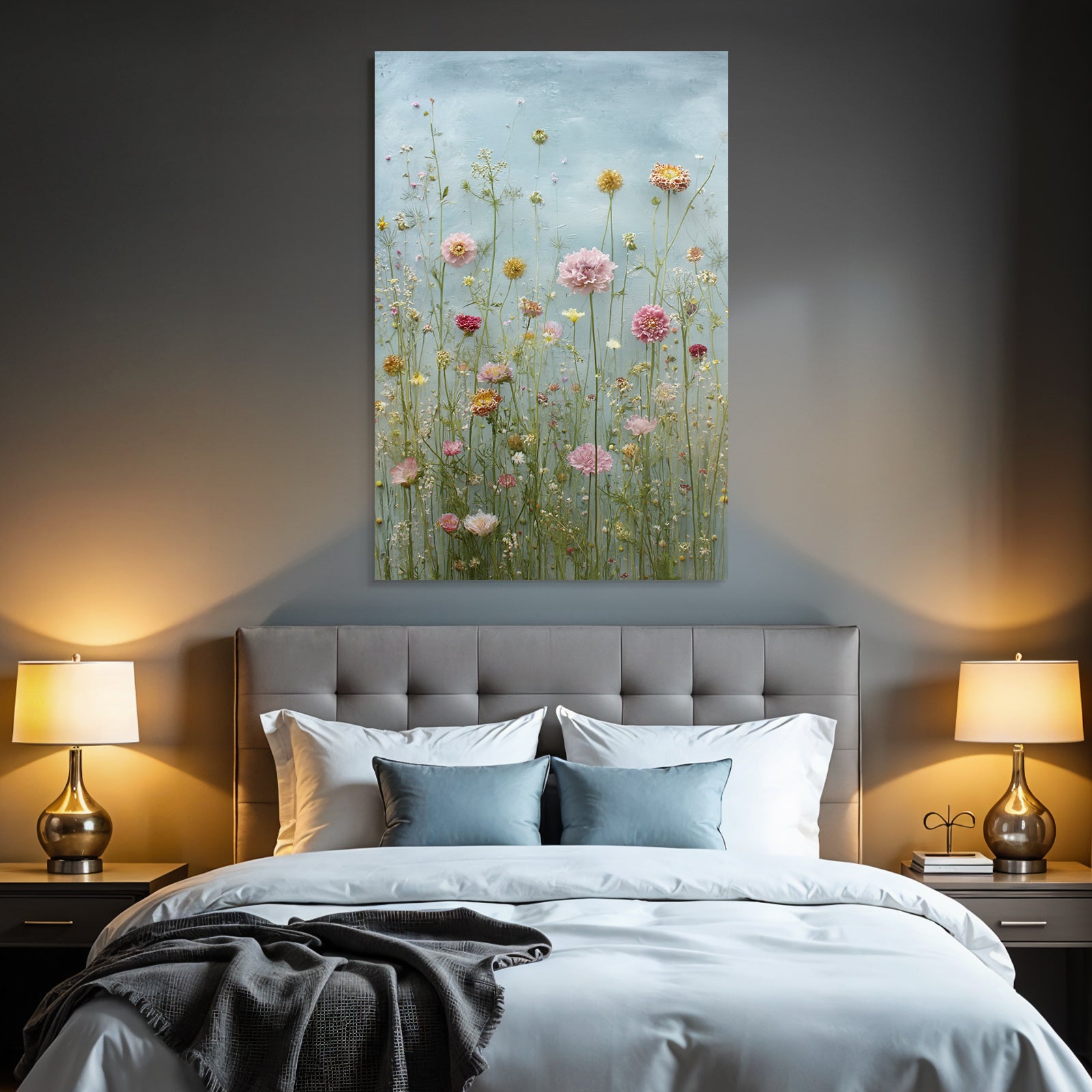 Blumenarrangement Mit Vielfältigen Blüten Und Grünen Blättern Auf Blaüm Hintergrund