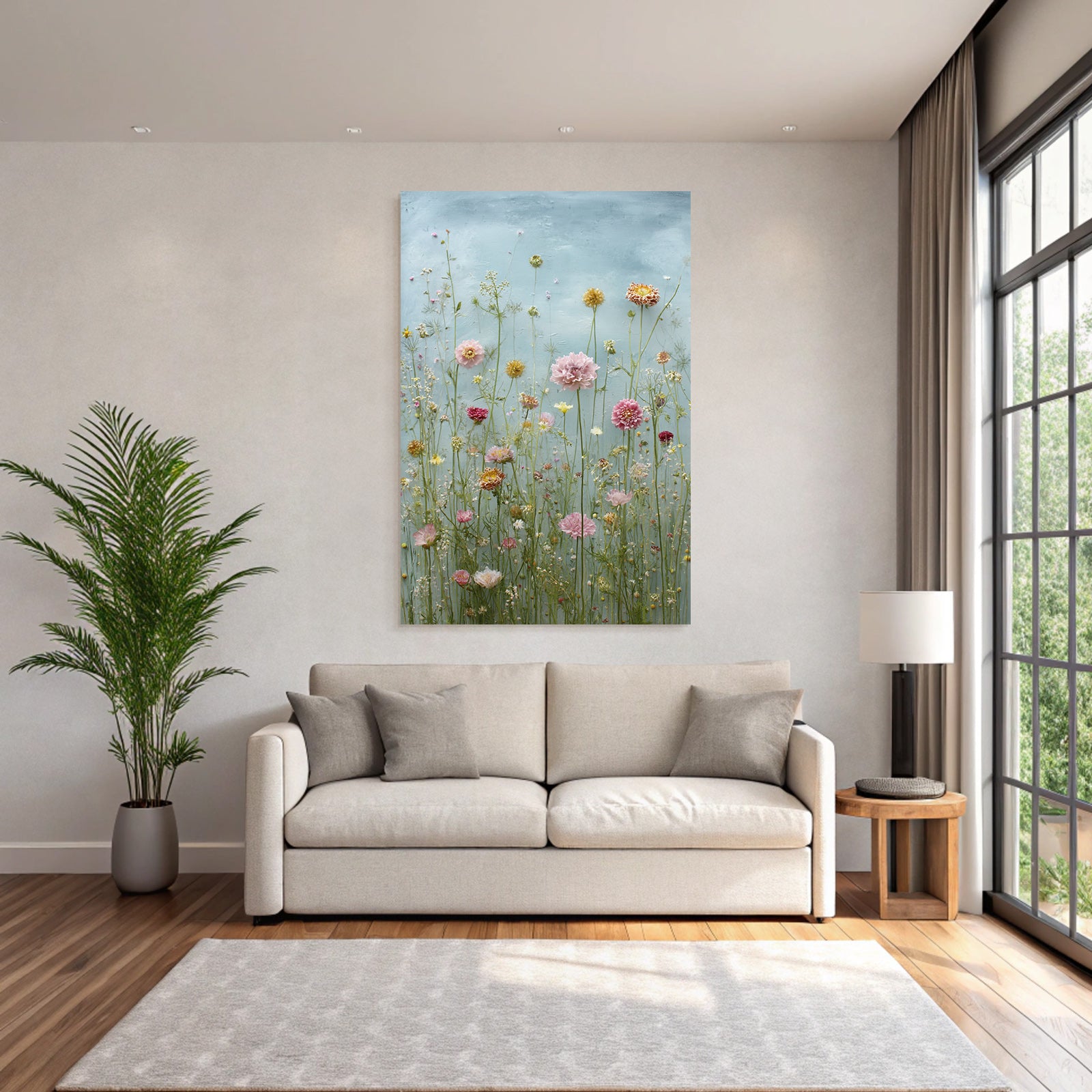 Blumenarrangement Mit Vielfältigen Blüten Und Grünen Blättern Auf Blaüm Hintergrund