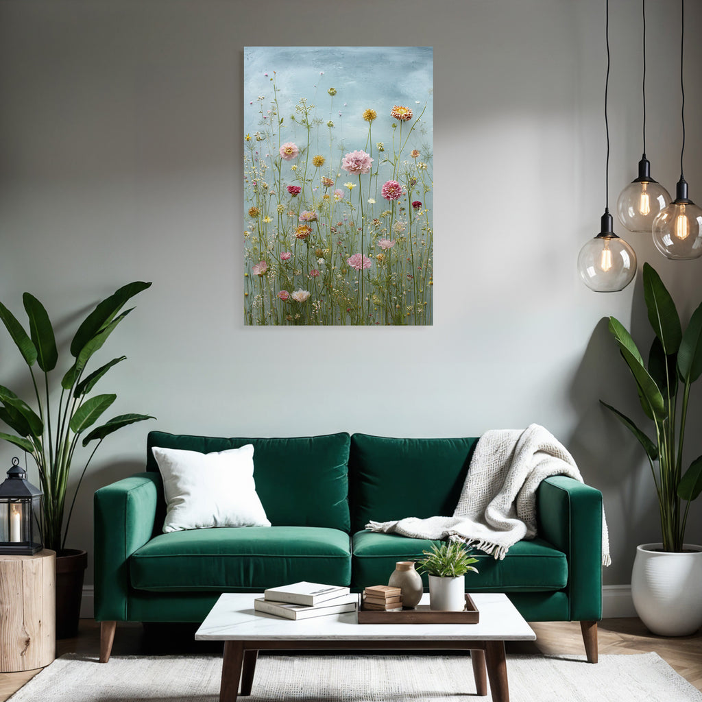 Blumenarrangement Mit Vielfältigen Blüten Und Grünen Blättern Auf Blaüm Hintergrund