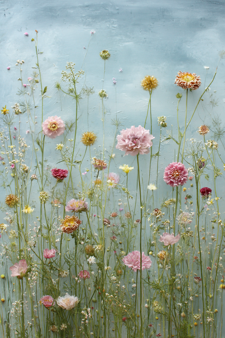 Blumenarrangement Mit Vielfältigen Blüten Und Grünen Blättern Auf Blaüm Hintergrund | Wasserfaelle und Tropfen | Natur