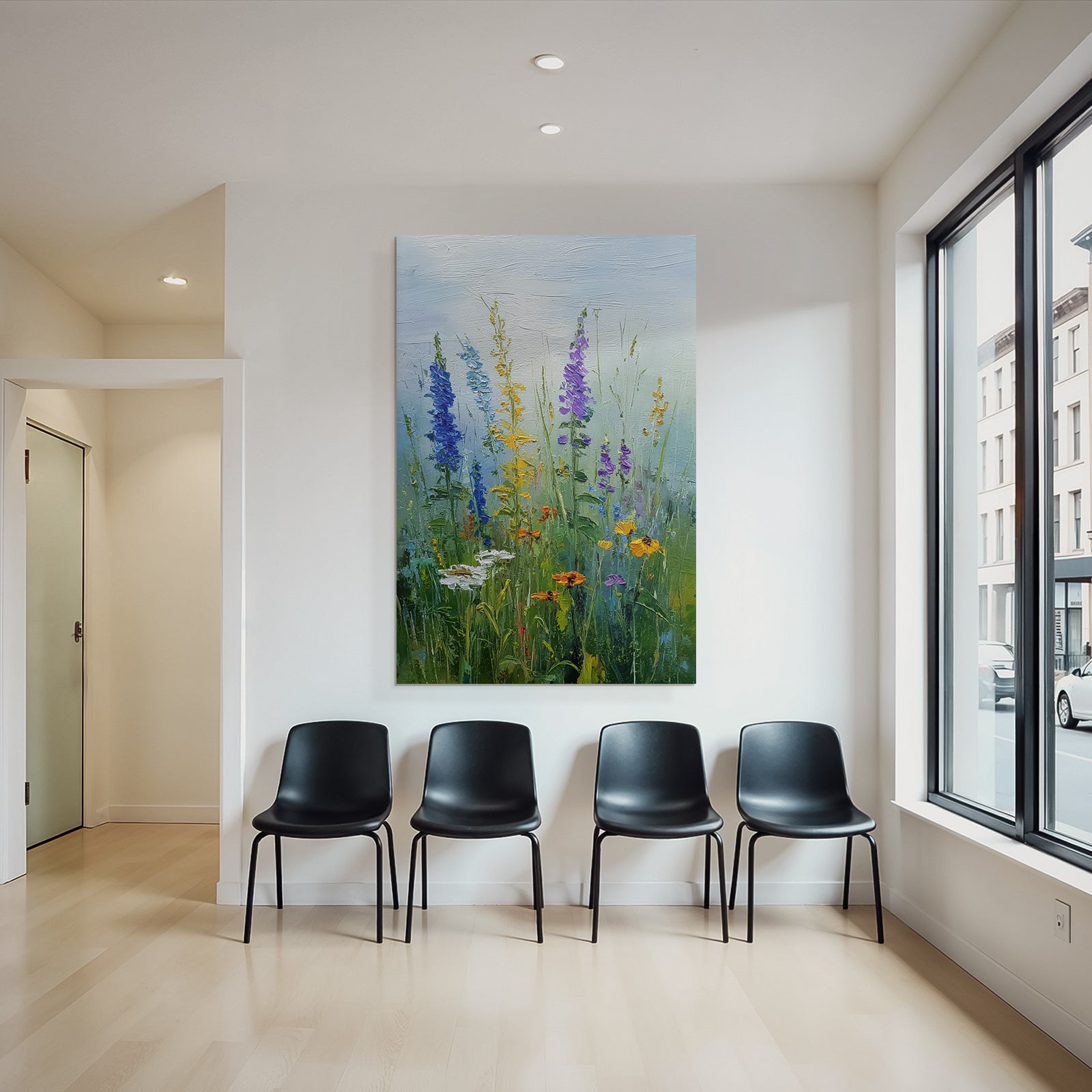 Buntes Blumenfeld Mit Blaün Lila Gelben Und Weissen Blüten