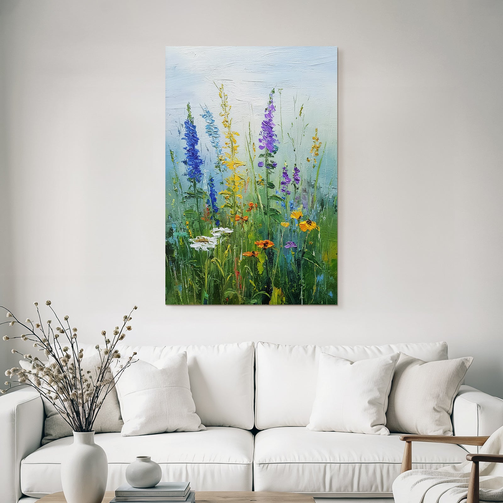Buntes Blumenfeld Mit Blaün Lila Gelben Und Weissen Blüten