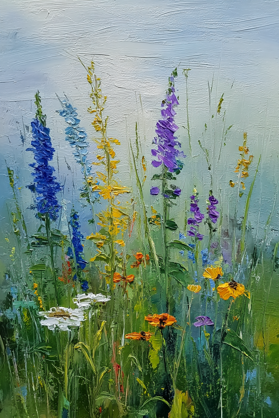 Buntes Blumenfeld Mit Blaün Lila Gelben Und Weissen Blüten | Wasserfaelle und Tropfen | Natur