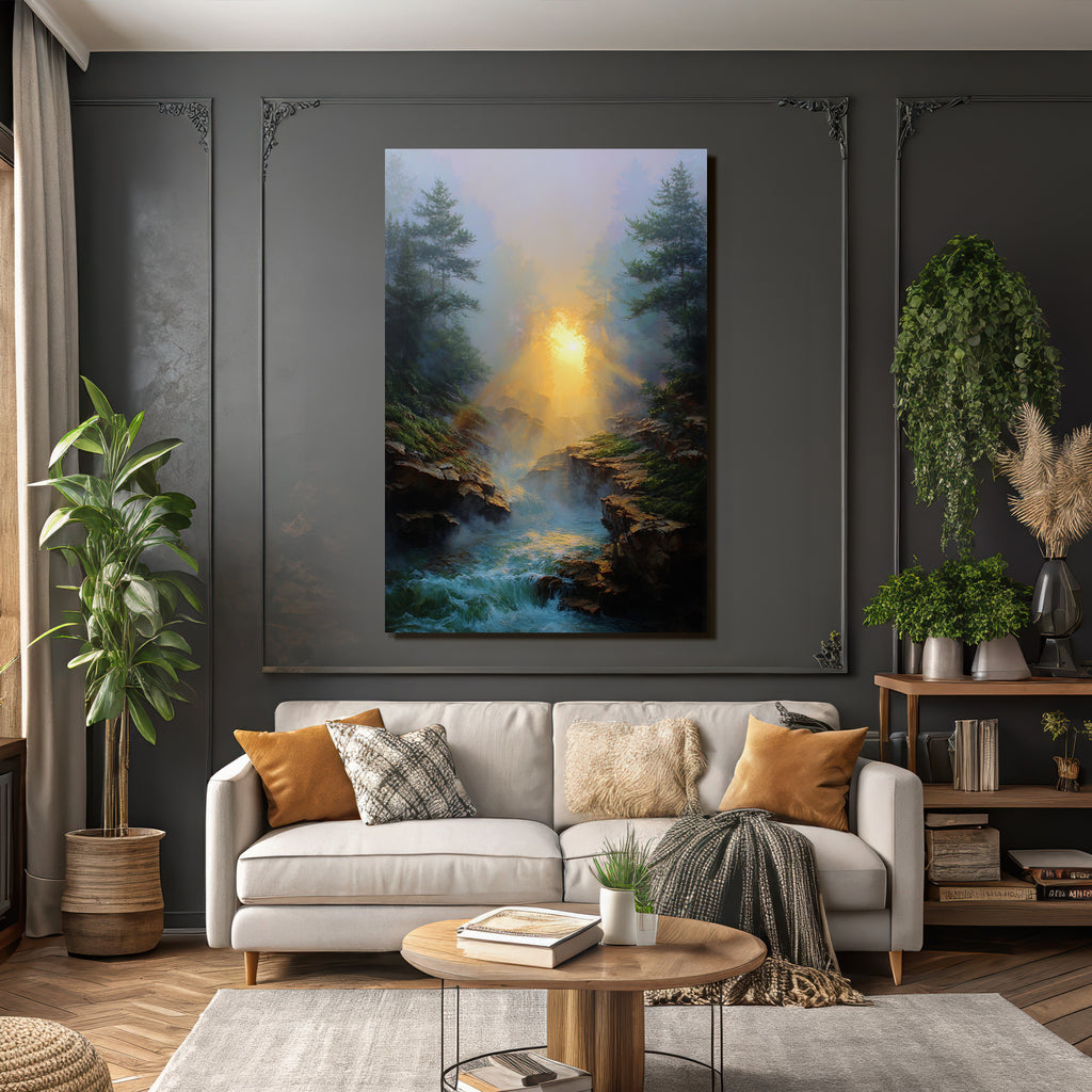 Friedliche Landschaft Mit Nebel Sonnenstrahlen Und Felsufern