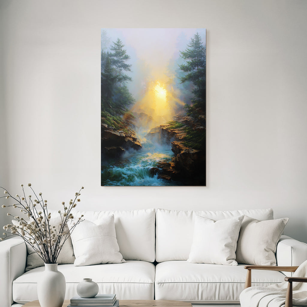 Friedliche Landschaft Mit Nebel Sonnenstrahlen Und Felsufern