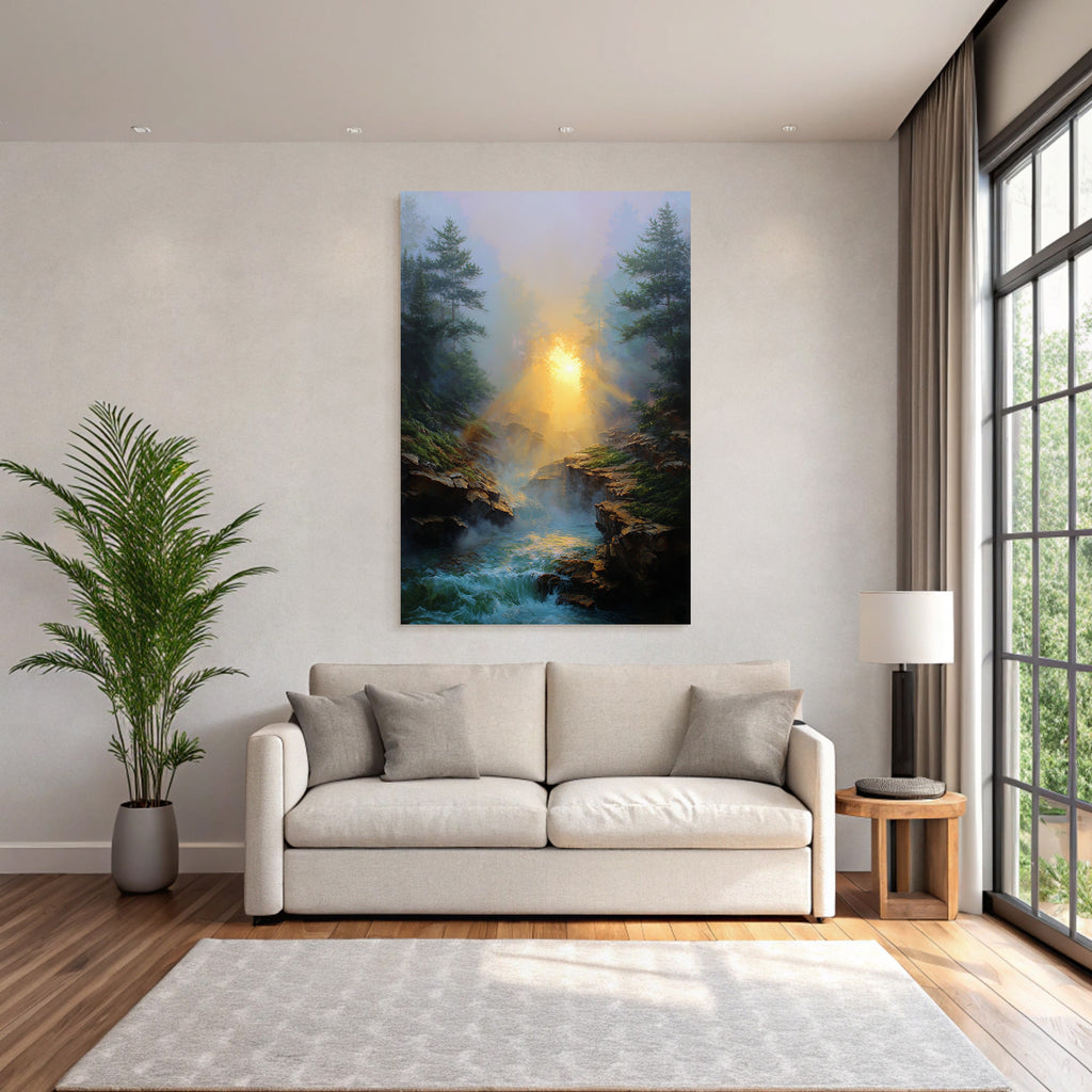 Friedliche Landschaft Mit Nebel Sonnenstrahlen Und Felsufern