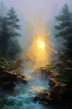 Friedliche Landschaft Mit Nebel Sonnenstrahlen Und Felsufern | Wasserfaelle und Tropfen | Natur