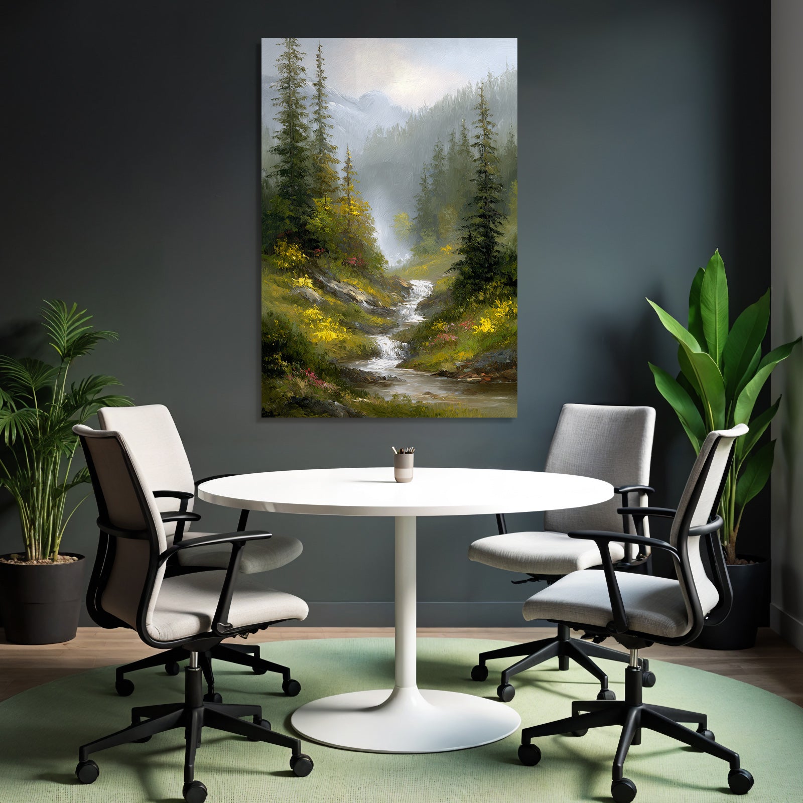 Idyllische Berglandschaft Mit Bach Bäumen Blumen Und Nebel