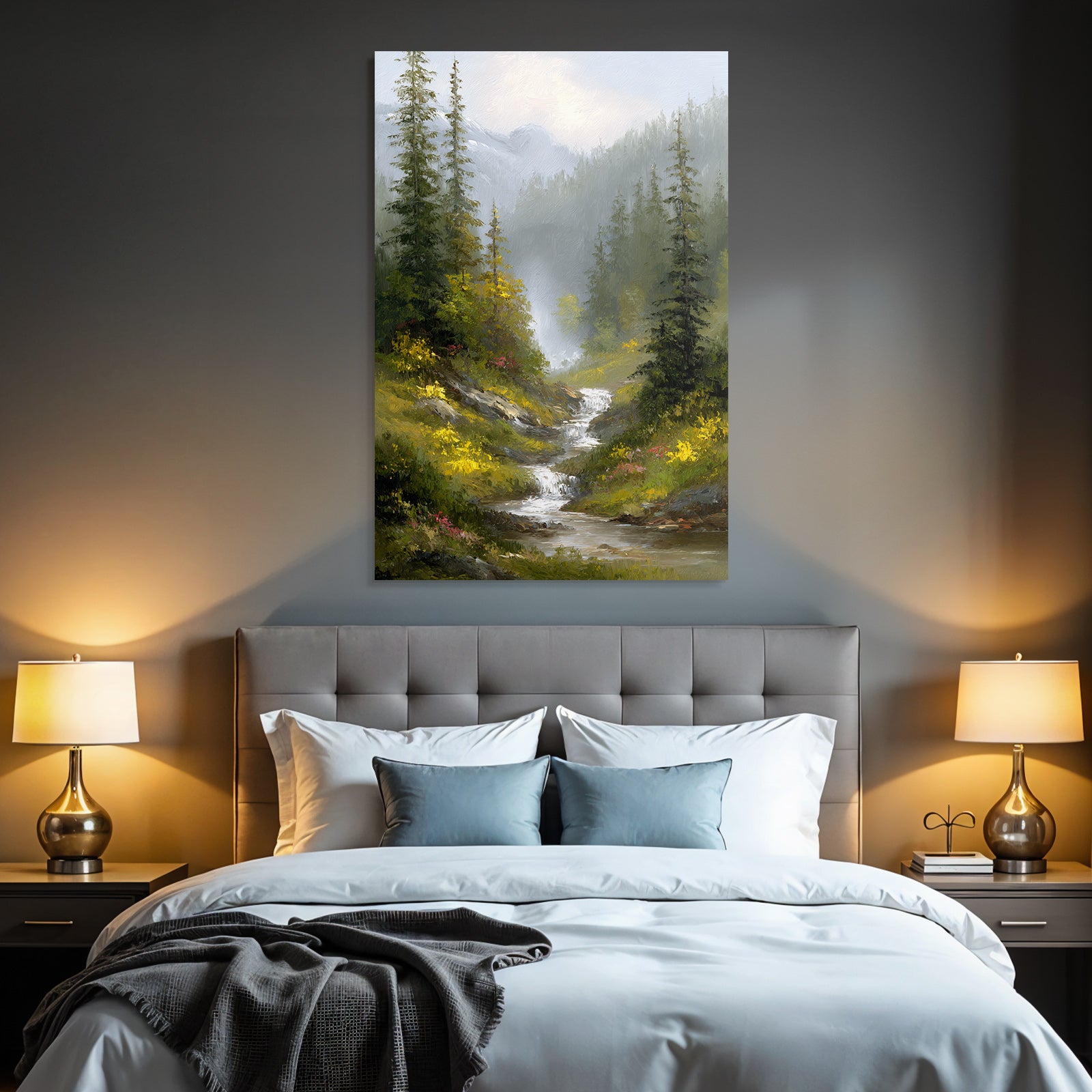 Idyllische Berglandschaft Mit Bach Bäumen Blumen Und Nebel