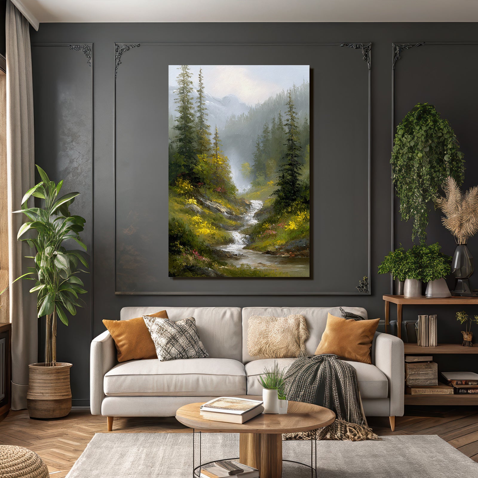 Idyllische Berglandschaft Mit Bach Bäumen Blumen Und Nebel