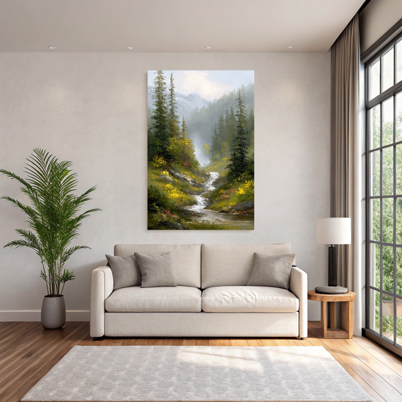 Idyllische Berglandschaft Mit Bach Bäumen Blumen Und Nebel