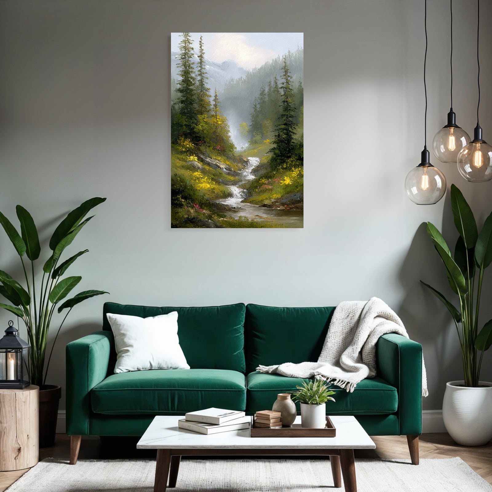 Idyllische Berglandschaft Mit Bach Bäumen Blumen Und Nebel