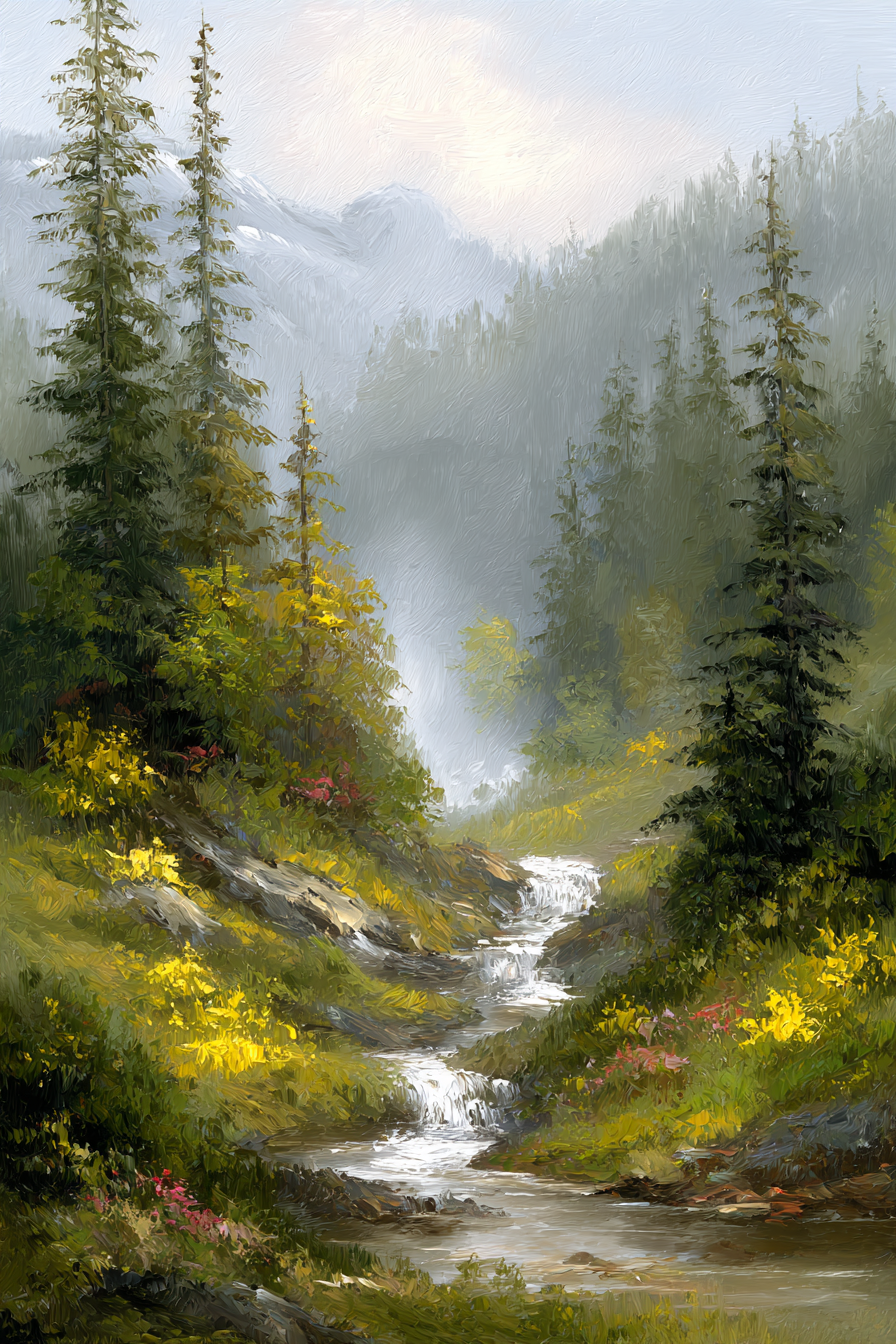 Idyllische Berglandschaft Mit Bach Bäumen Blumen Und Nebel | Wasserfaelle und Tropfen | Natur