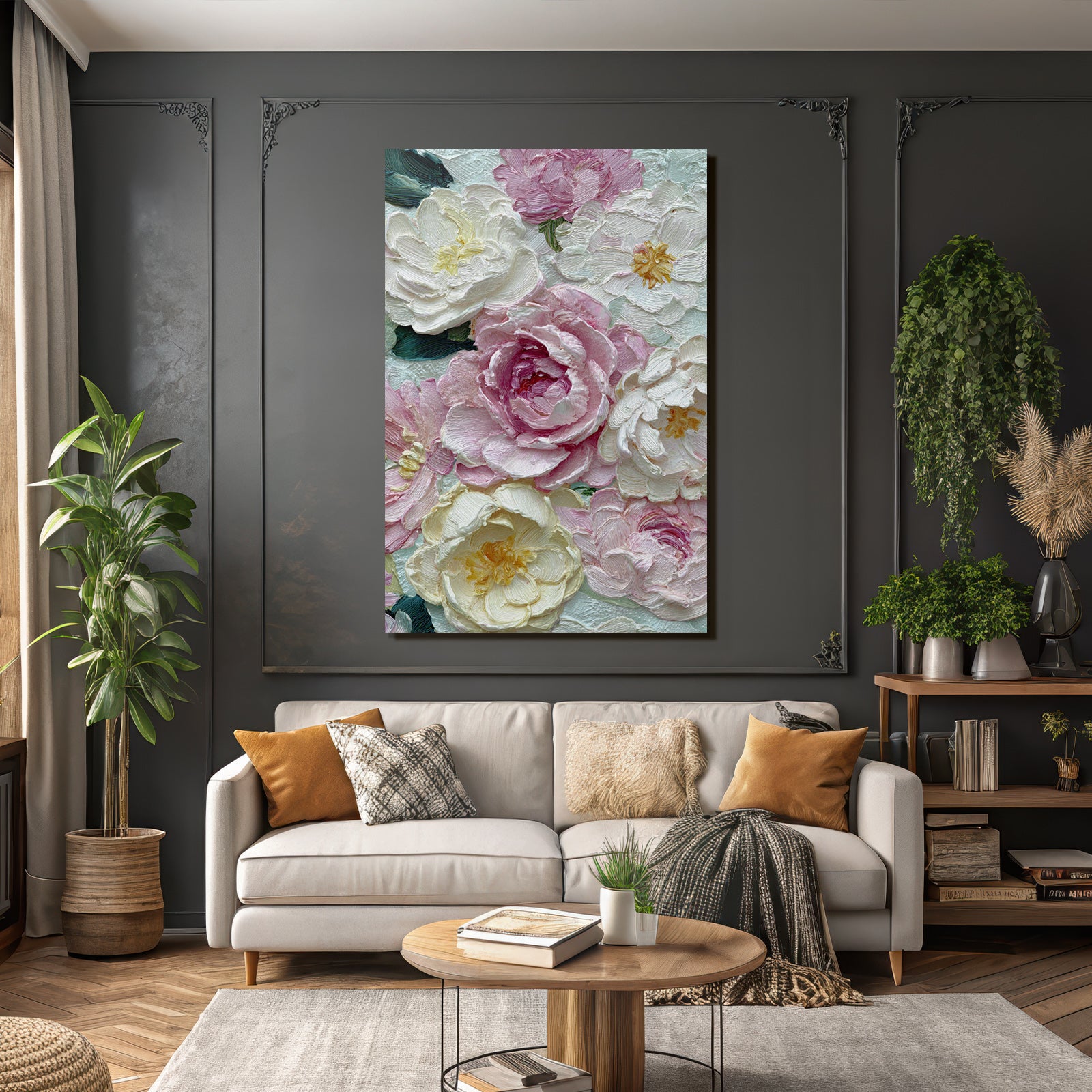 Impressionistisches Gemälde Mit Pfingstrosen Und Floralen Texturen