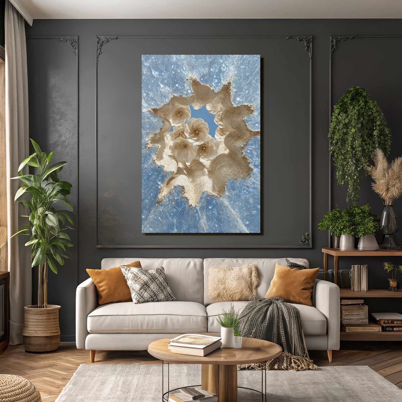 Kunstvolle Texturierte Blumenmotive Vor Leuchtend Blaüm Hintergrund