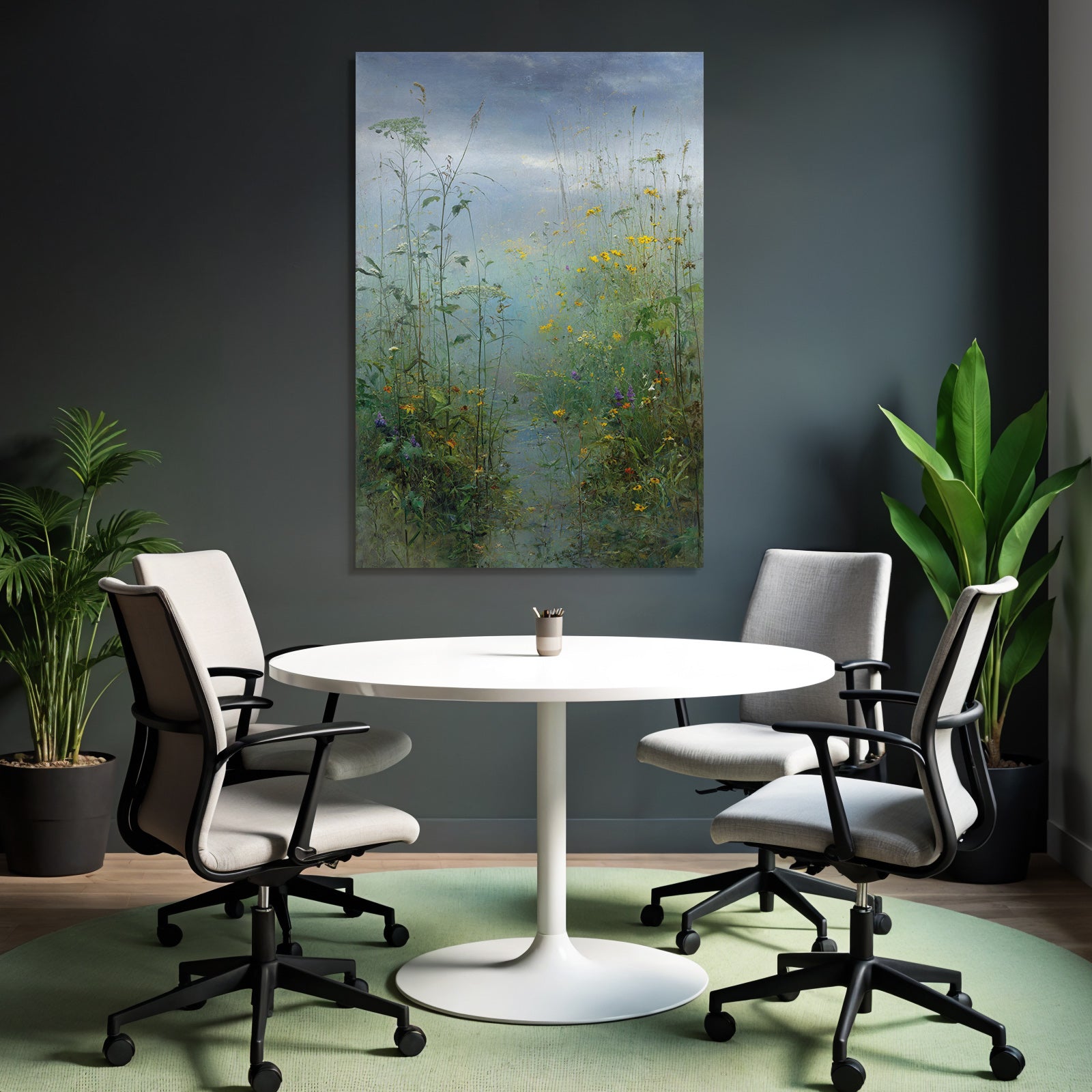 Sanfte Landschaft Mit Wiesenblumen Und Nebligem Himmel