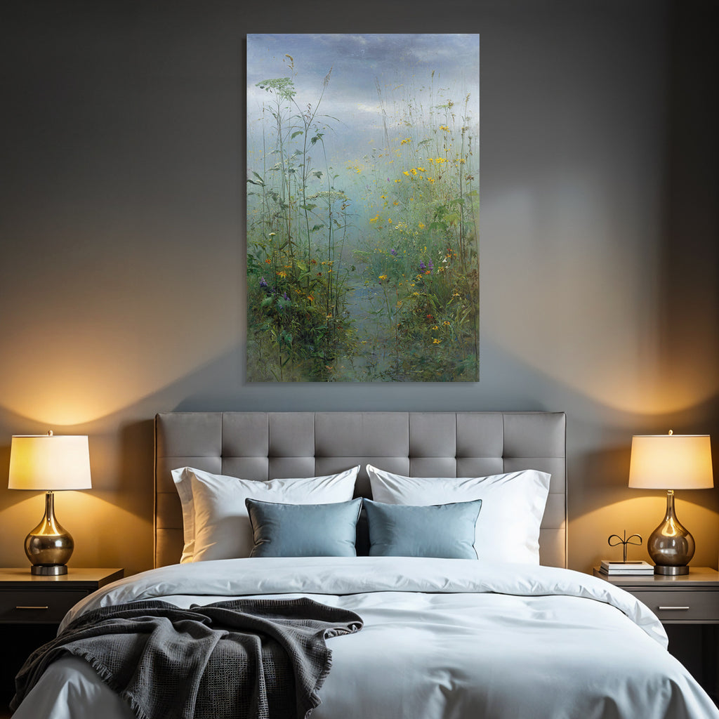 Sanfte Landschaft Mit Wiesenblumen Und Nebligem Himmel