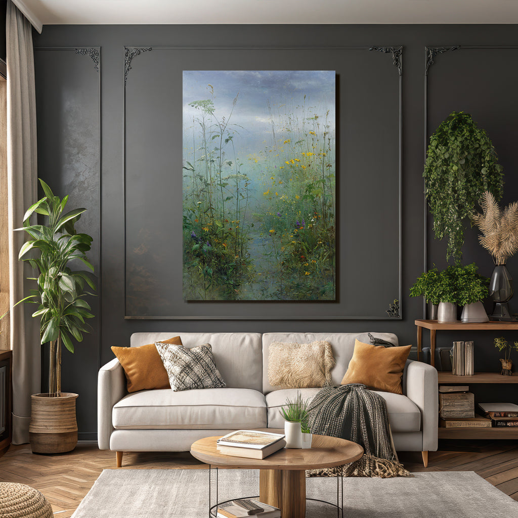 Sanfte Landschaft Mit Wiesenblumen Und Nebligem Himmel