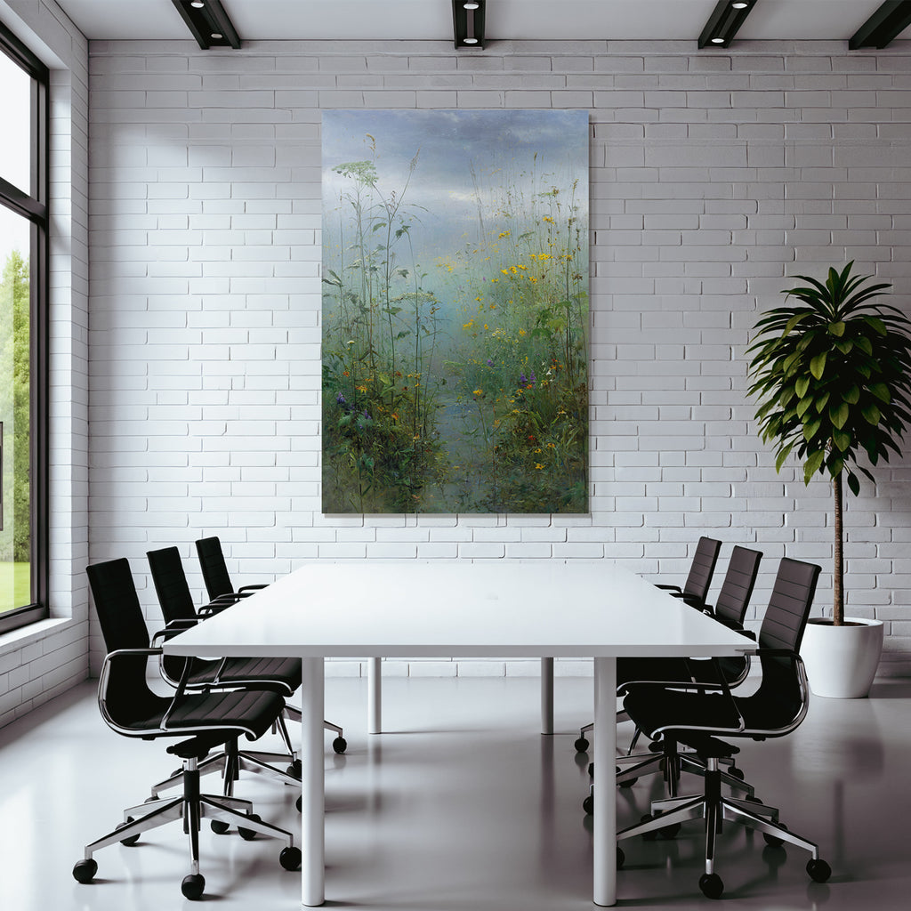 Sanfte Landschaft Mit Wiesenblumen Und Nebligem Himmel