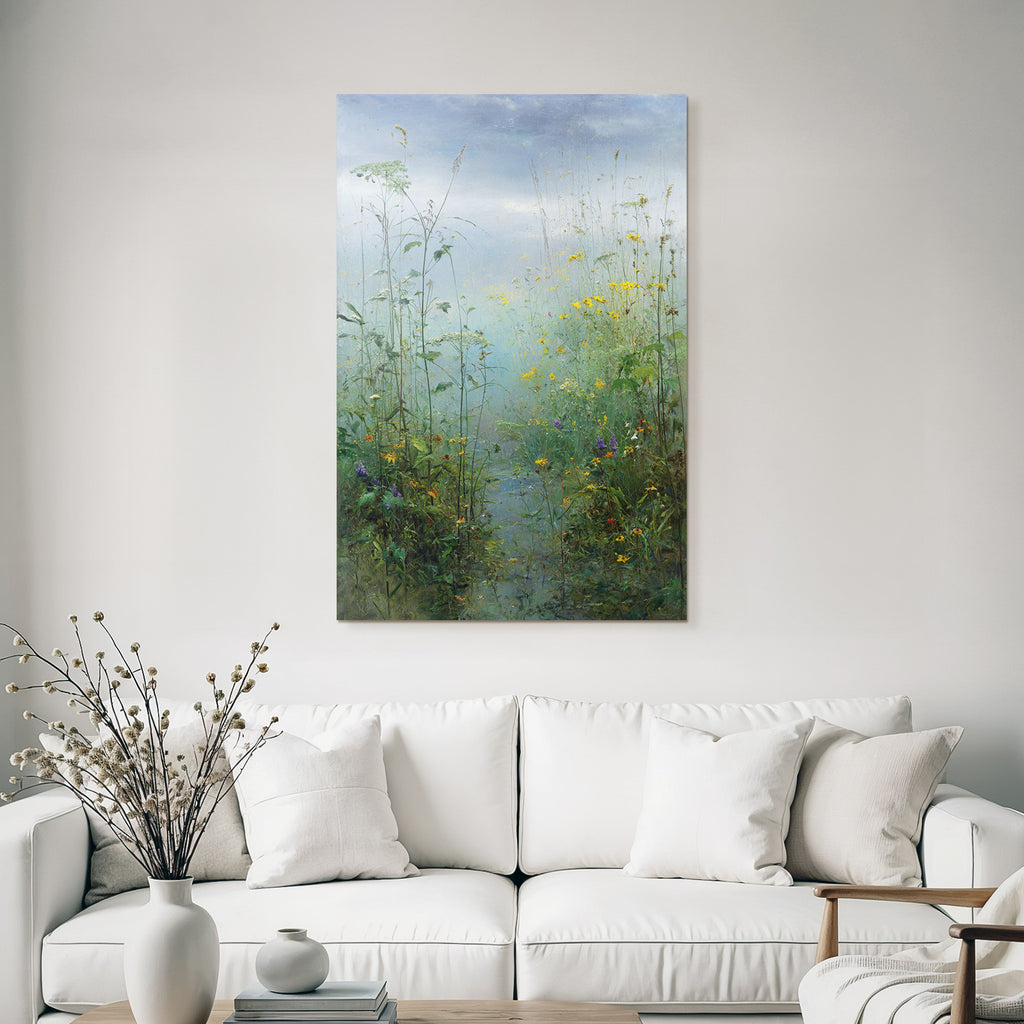 Sanfte Landschaft Mit Wiesenblumen Und Nebligem Himmel