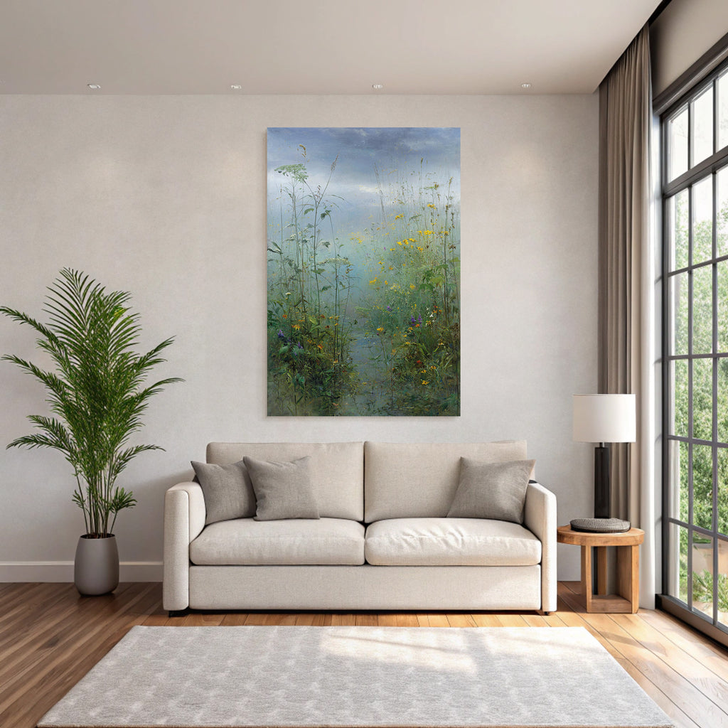 Sanfte Landschaft Mit Wiesenblumen Und Nebligem Himmel