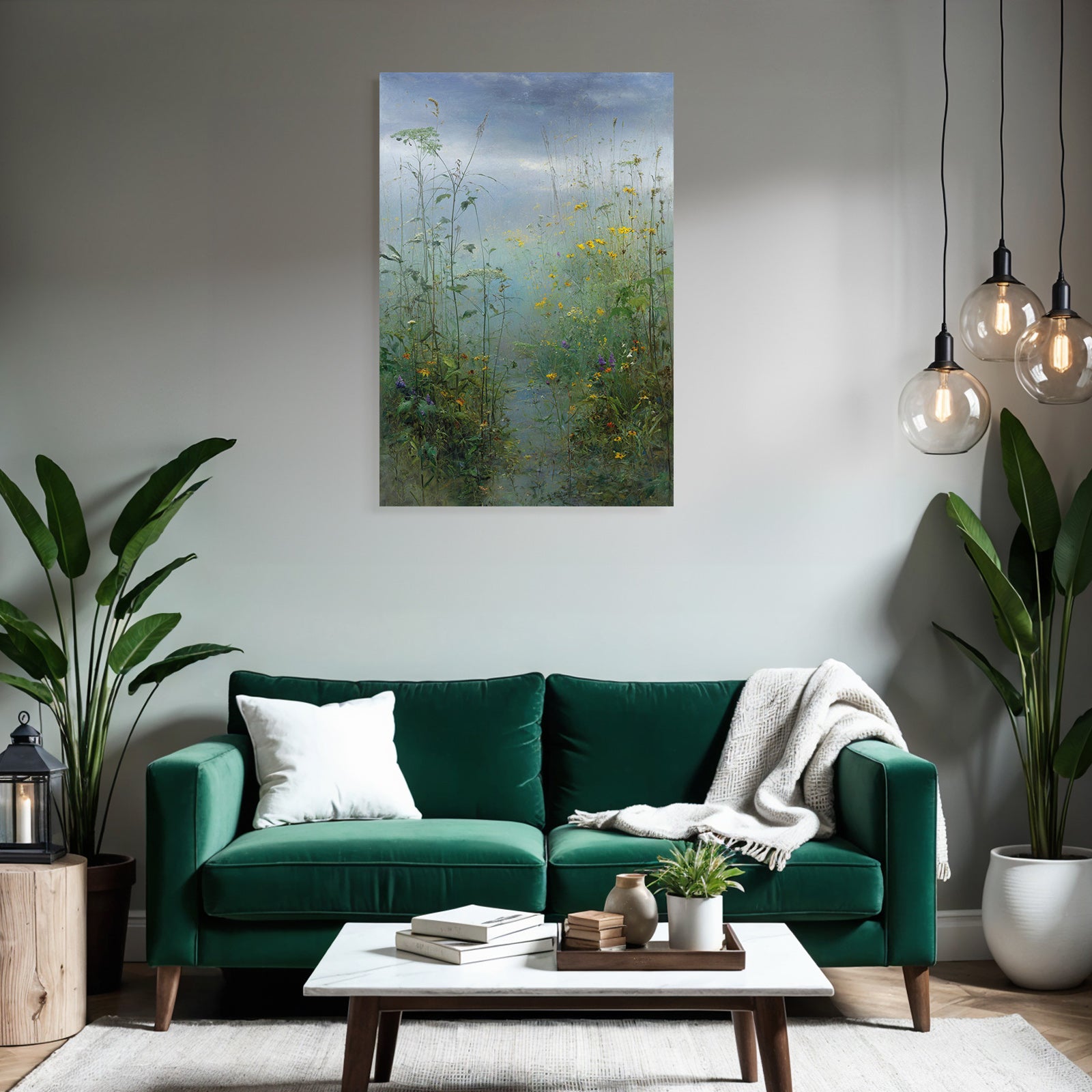 Sanfte Landschaft Mit Wiesenblumen Und Nebligem Himmel