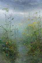 Sanfte Landschaft Mit Wiesenblumen Und Nebligem Himmel | Wasserfaelle und Tropfen | Natur