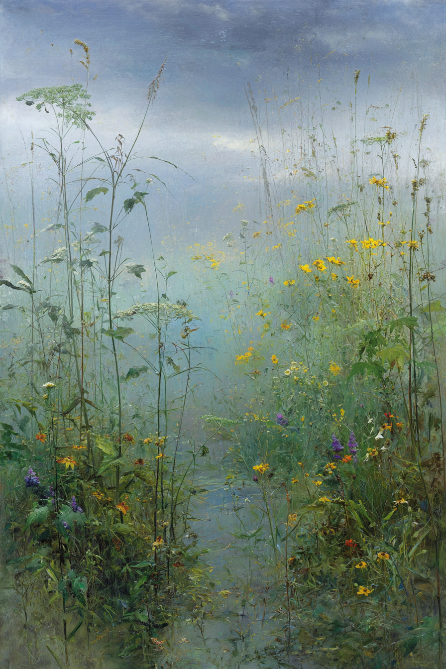 Sanfte Landschaft Mit Wiesenblumen Und Nebligem Himmel | Wasserfaelle und Tropfen | Natur