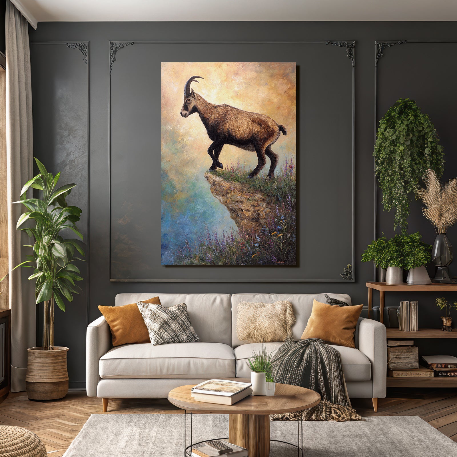 Steinbock Am Abhang Mit Farbenfrohen Blumen