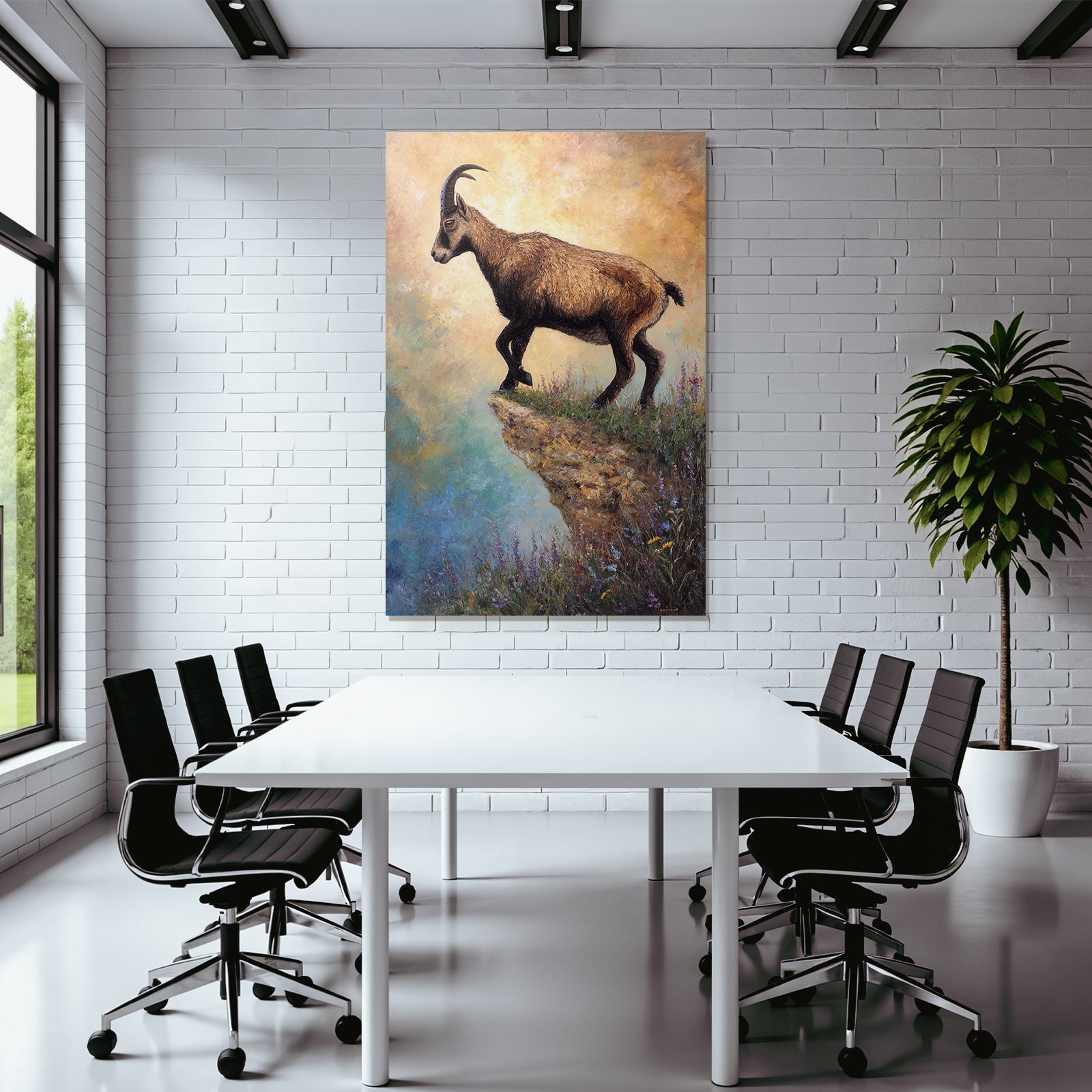 Steinbock Am Abhang Mit Farbenfrohen Blumen
