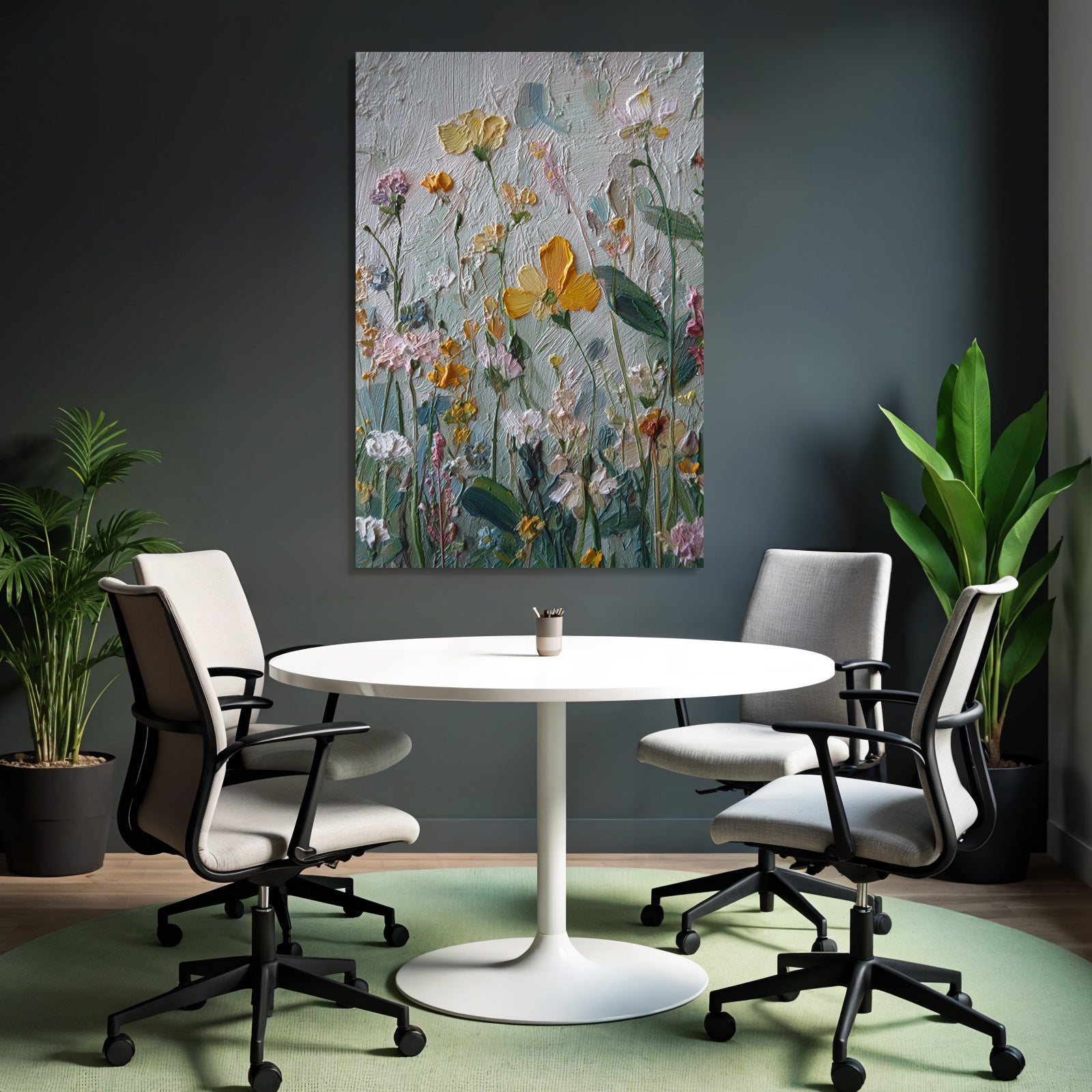 Texturiertes Gemälde Mit Lebendigen Blumen In Pastell Und Gelb